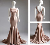Niulatu Champagne Mermaid Simple Satin Long Prom Dress Backless Evening Gown HZ1103