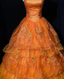 Niulatu Orange A-Line Strapless Tulle Sequin Long Prom Dress Gorgeous Sweet 16 Dress Quinceanera Dress HZ1103