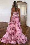 Niulatu A-Line Chiffon Floral Print Ruffle Long Prom Dress with Slit HZ1103