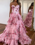 Niulatu A-Line Chiffon Floral Print Ruffle Long Prom Dress with Slit HZ1103