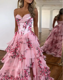 Niulatu A-Line Chiffon Floral Print Ruffle Long Prom Dress with Slit HZ1103