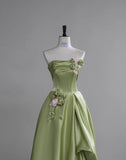 Niulatu Green A-Line Strapless Satin Applique Long Prom Dress Cute Birthday Dress Formal Evening Dress HZ1103