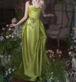 Niulatu Green A-Line Strapless Satin Applique Long Prom Dress Cute Birthday Dress Formal Evening Dress HZ1103