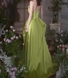 Niulatu Green A-Line Strapless Satin Applique Long Prom Dress Cute Birthday Dress Formal Evening Dress HZ1103