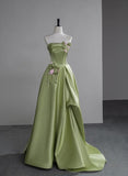 Niulatu Green A-Line Strapless Satin Applique Long Prom Dress Cute Birthday Dress Formal Evening Dress HZ1103
