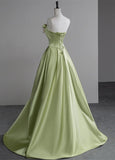 Niulatu Green A-Line Strapless Satin Applique Long Prom Dress Cute Birthday Dress Formal Evening Dress HZ1103