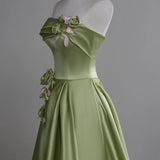 Niulatu Green A-Line Strapless Satin Applique Long Prom Dress Cute Birthday Dress Formal Evening Dress HZ1103