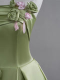 Niulatu Green A-Line Strapless Satin Applique Long Prom Dress Cute Birthday Dress Formal Evening Dress HZ1103