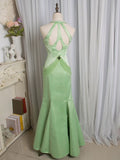 Niulatu Light Green Mermaid Halter Satin Beaded Long Prom Dress HZ1103