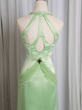 Niulatu Light Green Mermaid Halter Satin Beaded Long Prom Dress HZ1103