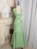 Niulatu Light Green Mermaid Halter Satin Beaded Long Prom Dress HZ1103