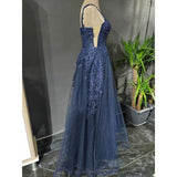 Niulatu Blue A-Line Spaghetti Strap Tulle Beaded Long Prom Dress Applique Graduation Prom Dress HZ1103