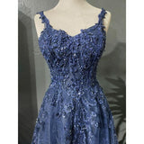 Niulatu Blue A-Line Spaghetti Strap Tulle Beaded Long Prom Dress Applique Graduation Prom Dress HZ1103