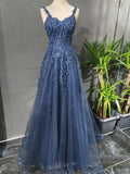 Niulatu Blue A-Line Spaghetti Strap Tulle Beaded Long Prom Dress Applique Graduation Prom Dress HZ1103