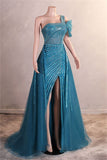 Niulatu One Shoulder Tulle Beaded Long Prom Dress Elegant Evening Gown HZ1103