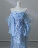 Niulatu Blue Mermaid Strapless Tulle Beaded Long Prom Dress Elegant Evening Dress HZ1103