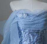 Niulatu Blue Mermaid Strapless Tulle Beaded Long Prom Dress Elegant Evening Dress HZ1103