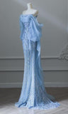 Niulatu Blue Mermaid Strapless Tulle Beaded Long Prom Dress Elegant Evening Dress HZ1103