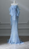 Niulatu Blue Mermaid Strapless Tulle Beaded Long Prom Dress Elegant Evening Dress HZ1103