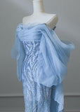 Niulatu Blue Mermaid Strapless Tulle Beaded Long Prom Dress Elegant Evening Dress HZ1103