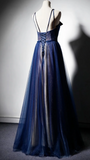 Niulatu Blue Tulle V Neck Long Women Prom Dress, Lace Up Evening Dress HZ1103