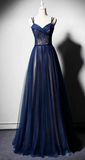 Niulatu Blue Tulle V Neck Long Women Prom Dress, Lace Up Evening Dress HZ1103