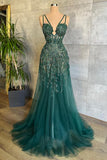 Niulatu Green A-Line Spaghetti Strap Tulle Beads Long Prom Dress With Appliques HZ1103