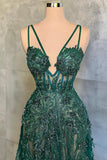 Niulatu Green A-Line Spaghetti Strap Tulle Beads Long Prom Dress With Appliques HZ1103