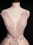 Niulatu Pink A-Line V-neck Glitter Tulle with Beaded Long Prom Dress Adult Ceremony Evening Dress HZ1103