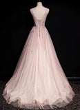 Niulatu Pink A-Line V-neck Glitter Tulle with Beaded Long Prom Dress Adult Ceremony Evening Dress HZ1103