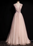 Niulatu Pink A-Line V-neck Glitter Tulle with Beaded Long Prom Dress Adult Ceremony Evening Dress HZ1103
