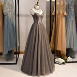 Niulatu Spaghetti Strap Tulle Beaded Long Prom Dress Graduation Prom Dress Birthday Dress HZ1103
