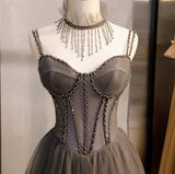 Niulatu Spaghetti Strap Tulle Beaded Long Prom Dress Graduation Prom Dress Birthday Dress HZ1103