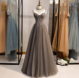 Niulatu Spaghetti Strap Tulle Beaded Long Prom Dress Graduation Prom Dress Birthday Dress HZ1103
