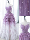 Niulatu Purple A-Line Spaghetti Strap Tulle Sequin Long Prom Dresses for Birthday&Graduation HZ1103