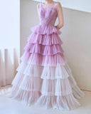 Niulatu Purple A-Line Spaghetti Strap Tulle Sequin Long Prom Dresses for Birthday&Graduation HZ1103