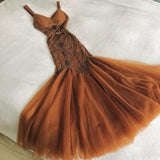 Niulatu Brown Mermaid Spaghetti Strap Chiffon Tulle Beaded Long Prom Dress Birthday Dress HZ1103