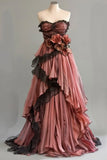 Niulatu Pink A-Line Strapless Chiffon Tulle Long Prom Dress Vintage Applique Birthday Prom Dress HZ1103