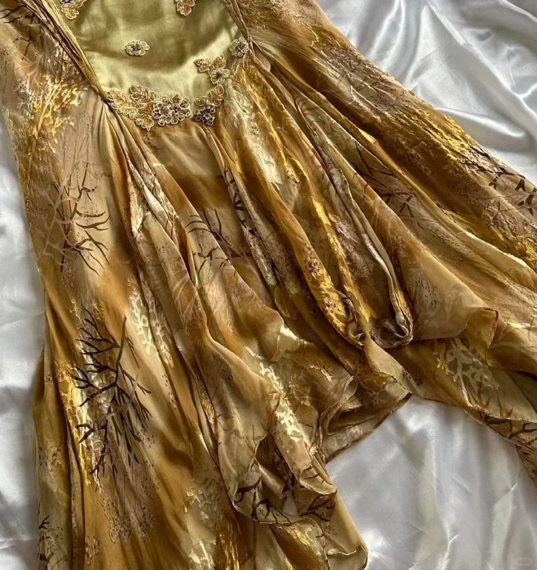 Niulatu Vintage Floral Satin Applique Spaghetti Straps Chiffon Prom Dresses Party Dresses HZ1026