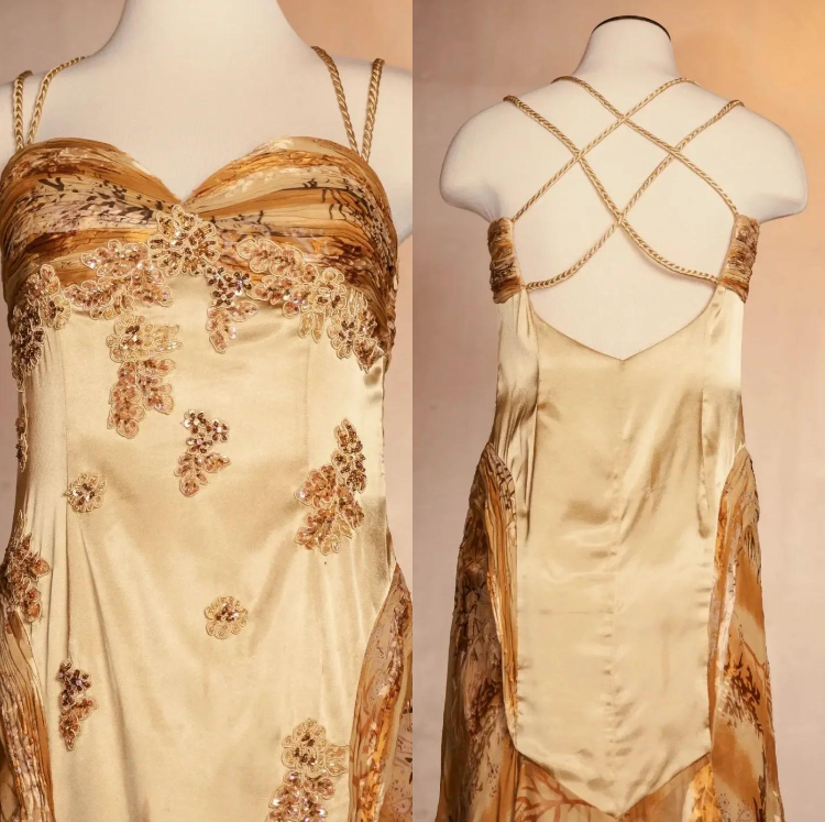 Niulatu Vintage Floral Satin Applique Spaghetti Straps Chiffon Prom Dresses Party Dresses HZ1026