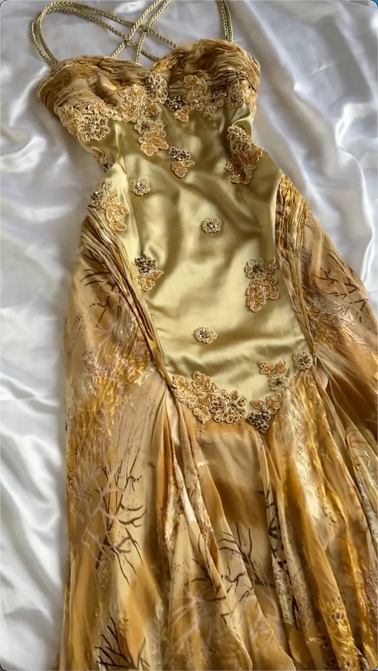 Niulatu Vintage Floral Satin Applique Spaghetti Straps Chiffon Prom Dresses Party Dresses HZ1026