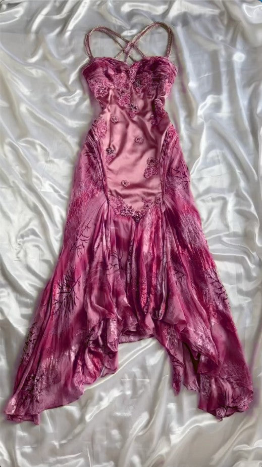 Niulatu Vintage Floral Satin Applique Spaghetti Straps Chiffon Prom Dresses Party Dresses HZ1026