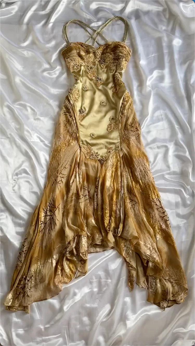 Niulatu Vintage Floral Satin Applique Spaghetti Straps Chiffon Prom Dresses Party Dresses HZ1026