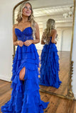 Niulatu Sweetheart Neck Chiffon Lace Blue Long Prom Dress, Blue Long Graduation Dress HZ1103