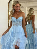 Niulatu Sweetheart Neck Chiffon Lace Blue Long Prom Dress, Blue Long Graduation Dress HZ1103