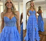 Niulatu Sweetheart Neck Chiffon Lace Blue Long Prom Dress, Blue Long Graduation Dress HZ1103