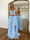 Niulatu Sweetheart Neck Chiffon Lace Blue Long Prom Dress, Blue Long Graduation Dress HZ1103