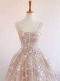 Niulatu Light Champagne A-Line Tulle Sequin Applique Long Prom Dress Formal Evening Gowns HZ1103