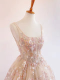 Niulatu Light Champagne A-Line Tulle Sequin Applique Long Prom Dress Formal Evening Gowns HZ1103