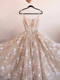 Niulatu Light Champagne A-Line Tulle Sequin Applique Long Prom Dress Formal Evening Gowns HZ1103